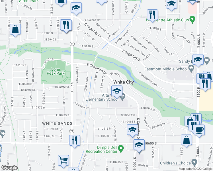 map of restaurants, bars, coffee shops, grocery stores, and more near 10216 South Crocus Street in Sandy