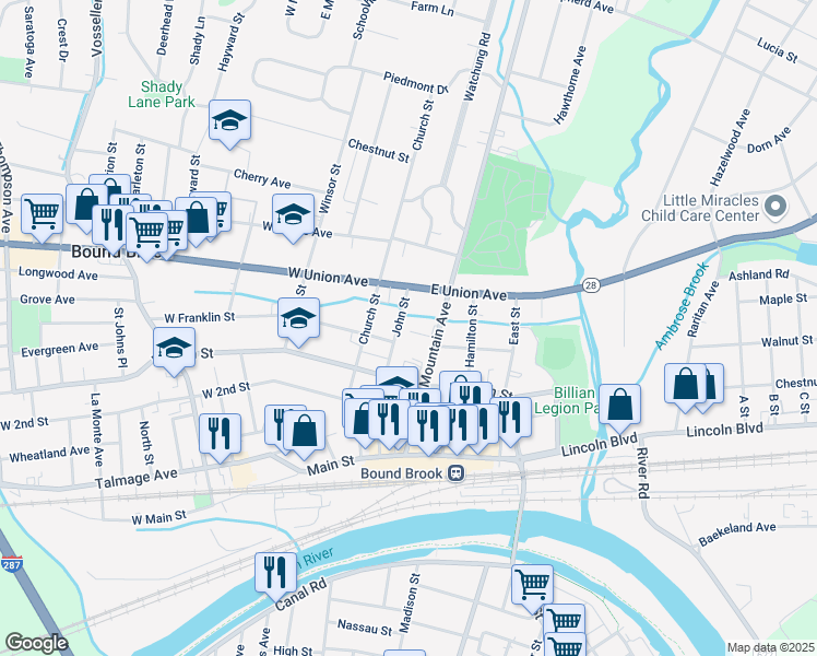 map of restaurants, bars, coffee shops, grocery stores, and more near 316 John Street in Bound Brook