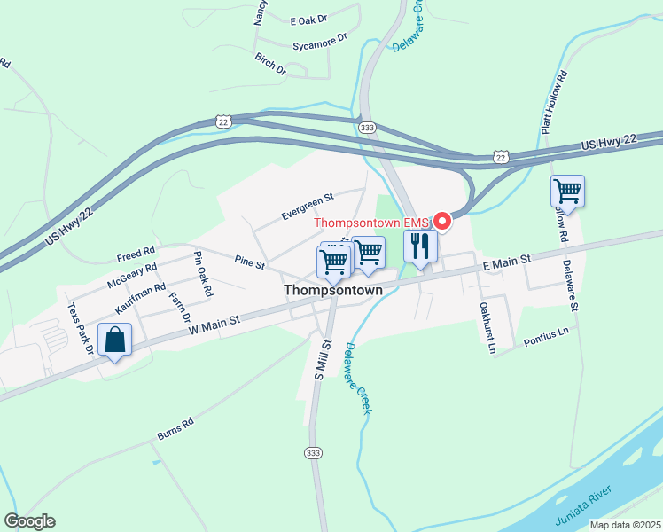map of restaurants, bars, coffee shops, grocery stores, and more near 77 North Mill Street in Thompsontown