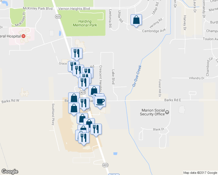 map of restaurants, bars, coffee shops, grocery stores, and more near 1331 Lake Boulevard in Marion