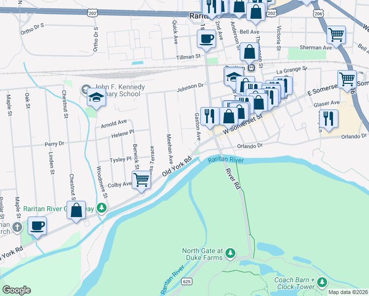 map of restaurants, bars, coffee shops, grocery stores, and more near 100 Valpeck Avenue in Raritan