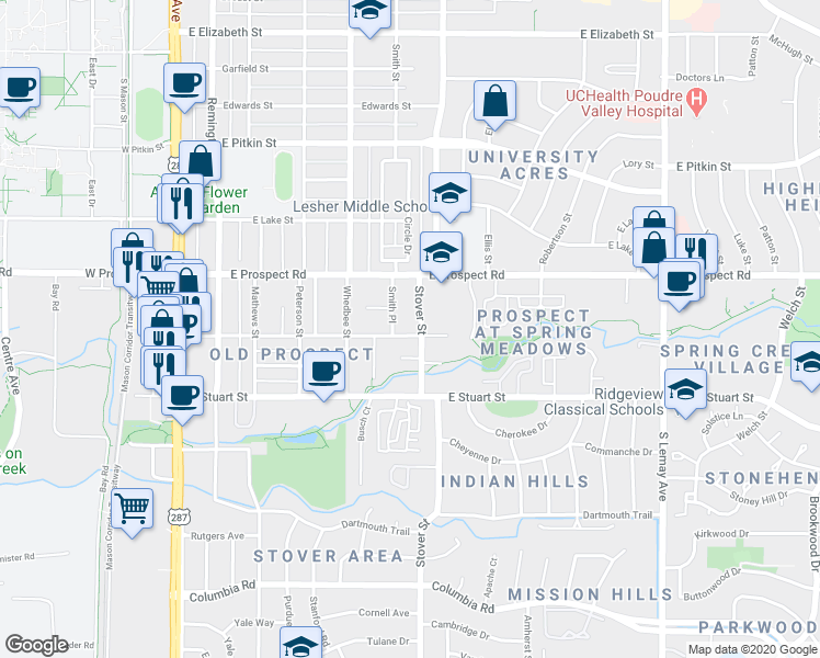 map of restaurants, bars, coffee shops, grocery stores, and more near 606 Parker Street in Fort Collins