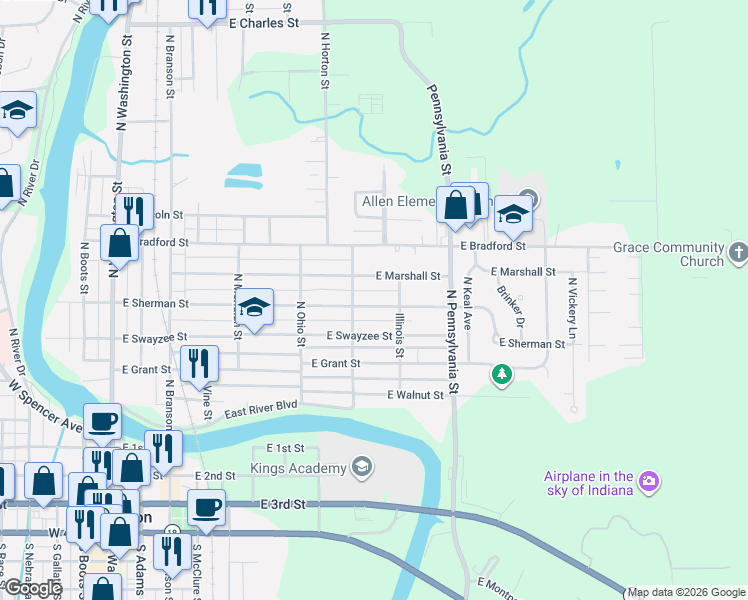 map of restaurants, bars, coffee shops, grocery stores, and more near 722 E Marshall St in Marion