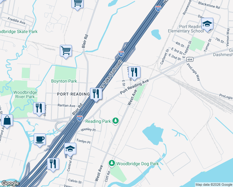 map of restaurants, bars, coffee shops, grocery stores, and more near 86 B Street in Woodbridge Township