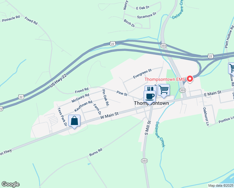 map of restaurants, bars, coffee shops, grocery stores, and more near 98 Pine Street in Thompsontown