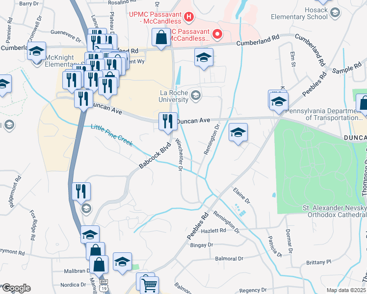map of restaurants, bars, coffee shops, grocery stores, and more near 8700 Winchester Drive in Pittsburgh