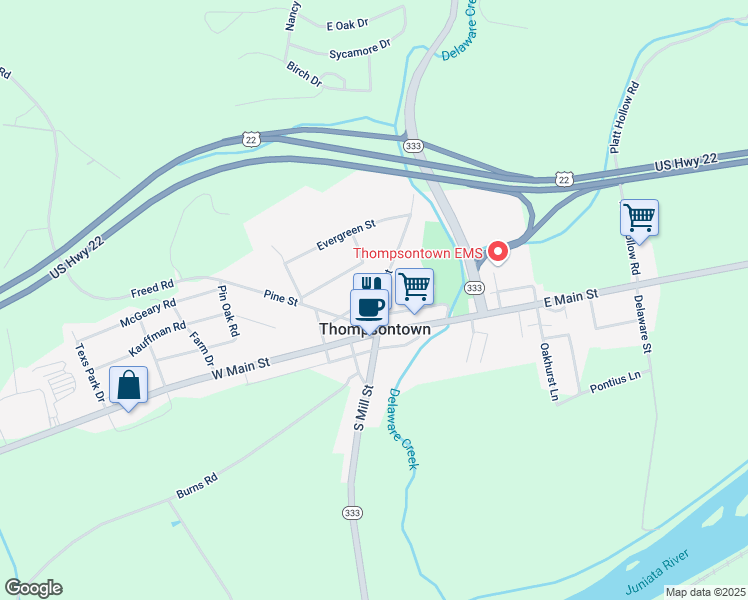 map of restaurants, bars, coffee shops, grocery stores, and more near 77 North Mill Street in Thompsontown