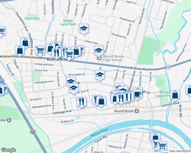 map of restaurants, bars, coffee shops, grocery stores, and more near 59 West Franklin Street in Bound Brook