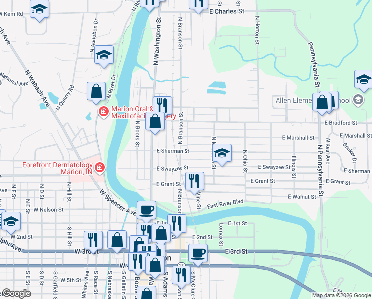 map of restaurants, bars, coffee shops, grocery stores, and more near 421 North Branson Street in Marion