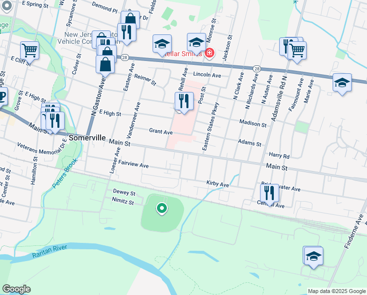 map of restaurants, bars, coffee shops, grocery stores, and more near 373-375 East Main Street in Somerville