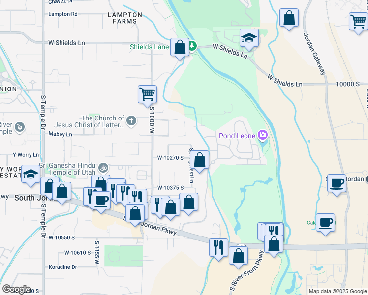 map of restaurants, bars, coffee shops, grocery stores, and more near 911 Brookcrest Circle in South Jordan