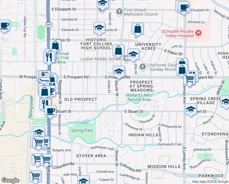 map of restaurants, bars, coffee shops, grocery stores, and more near 1619 Stover Street in Fort Collins