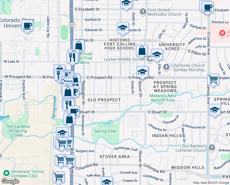 map of restaurants, bars, coffee shops, grocery stores, and more near 1619 Whedbee Street in Fort Collins