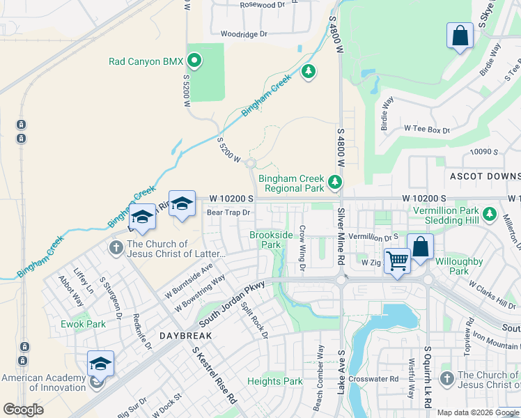map of restaurants, bars, coffee shops, grocery stores, and more near 4962 Willamette Way in South Jordan