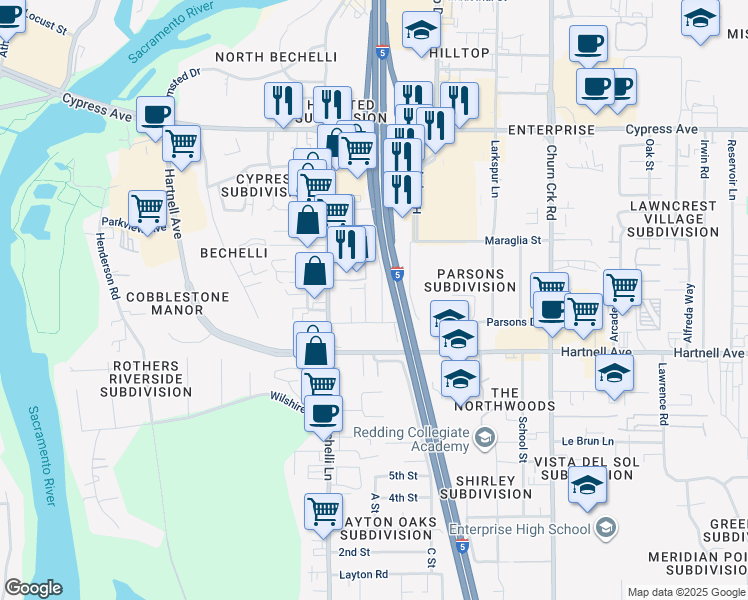 map of restaurants, bars, coffee shops, grocery stores, and more near 2839 Duane Avenue in Redding
