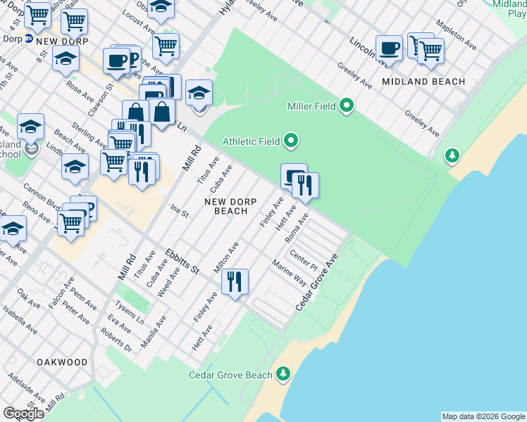 map of restaurants, bars, coffee shops, grocery stores, and more near 33 Milton Avenue in Staten Island