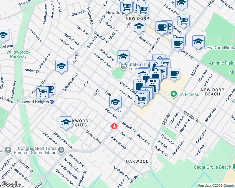 map of restaurants, bars, coffee shops, grocery stores, and more near 154 Reno Avenue in Staten Island