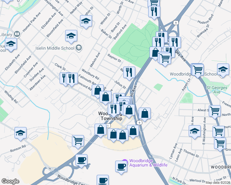 map of restaurants, bars, coffee shops, grocery stores, and more near 914 Montague Avenue in Woodbridge Township