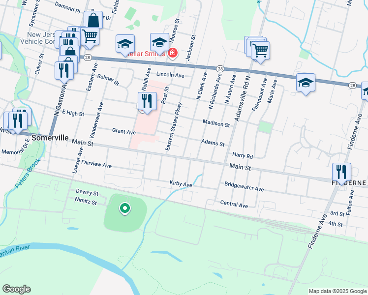 map of restaurants, bars, coffee shops, grocery stores, and more near 31 North Clark Avenue in Somerville