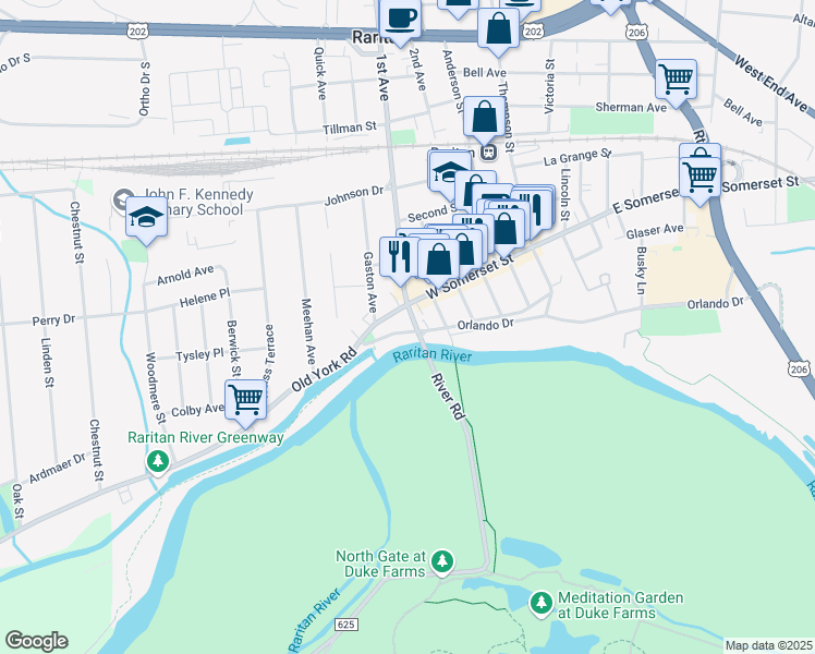 map of restaurants, bars, coffee shops, grocery stores, and more near 91 West Somerset Street in Raritan