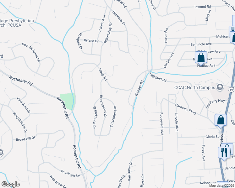 map of restaurants, bars, coffee shops, grocery stores, and more near 670 Sloop Road in Pittsburgh