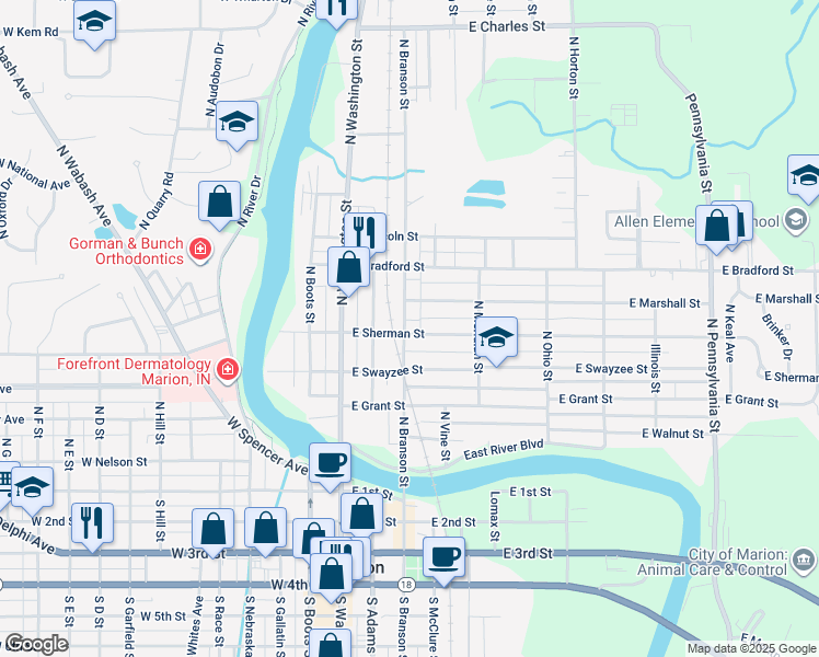 map of restaurants, bars, coffee shops, grocery stores, and more near 421 North Branson Street in Marion