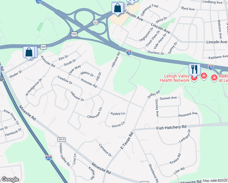 map of restaurants, bars, coffee shops, grocery stores, and more near 1191 Kressler Road in Allentown