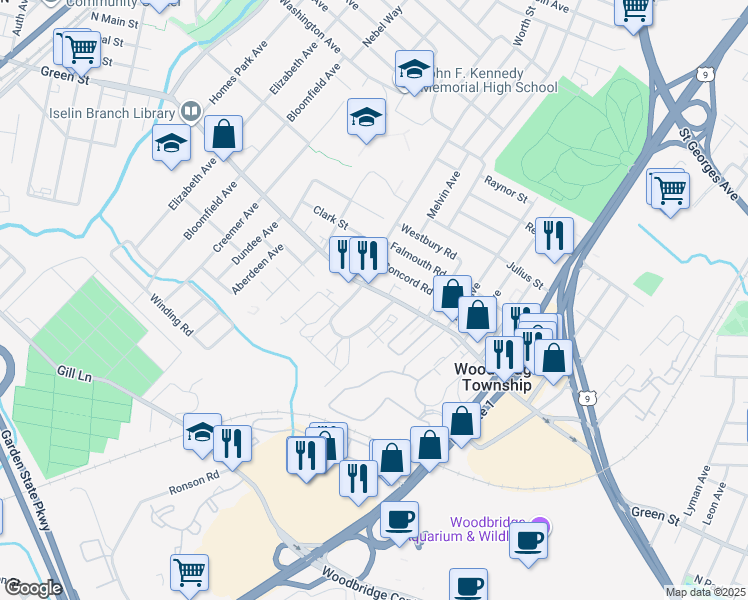 map of restaurants, bars, coffee shops, grocery stores, and more near 842 Green Street in Woodbridge Township