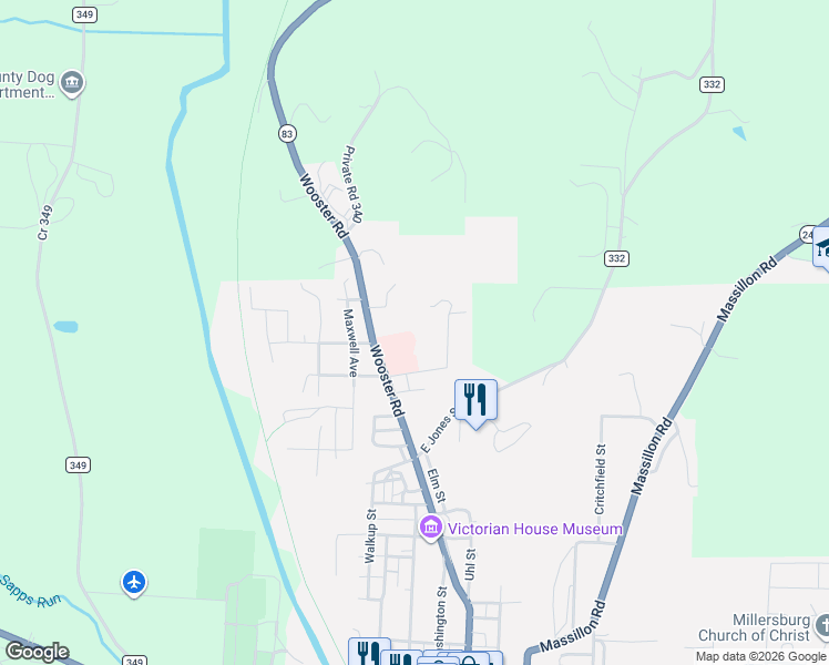 map of restaurants, bars, coffee shops, grocery stores, and more near 1015 Wooster Road in Millersburg