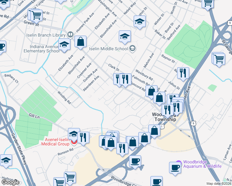 map of restaurants, bars, coffee shops, grocery stores, and more near 3503 Green Hollow Drive in Woodbridge Township