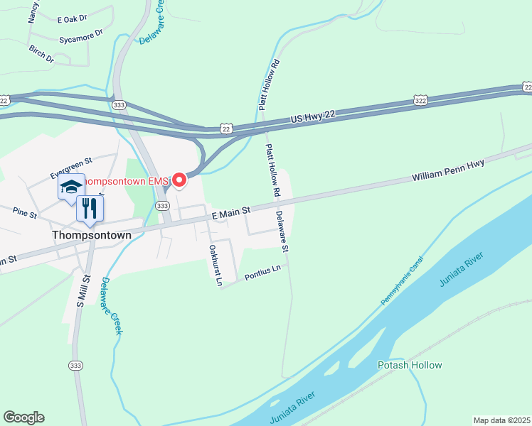 map of restaurants, bars, coffee shops, grocery stores, and more near 558 East Main Street in Thompsontown