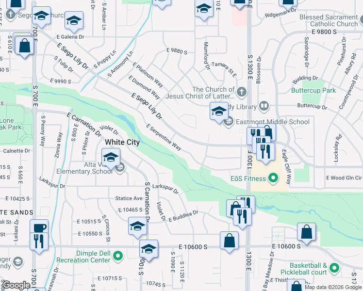 map of restaurants, bars, coffee shops, grocery stores, and more near 1107 East Serpentine Way in Sandy