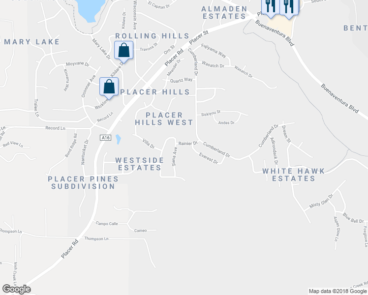 map of restaurants, bars, coffee shops, grocery stores, and more near 3915 Rainier Drive in Redding