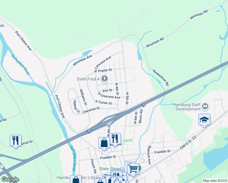 map of restaurants, bars, coffee shops, grocery stores, and more near 306 Elm Street in Hamburg