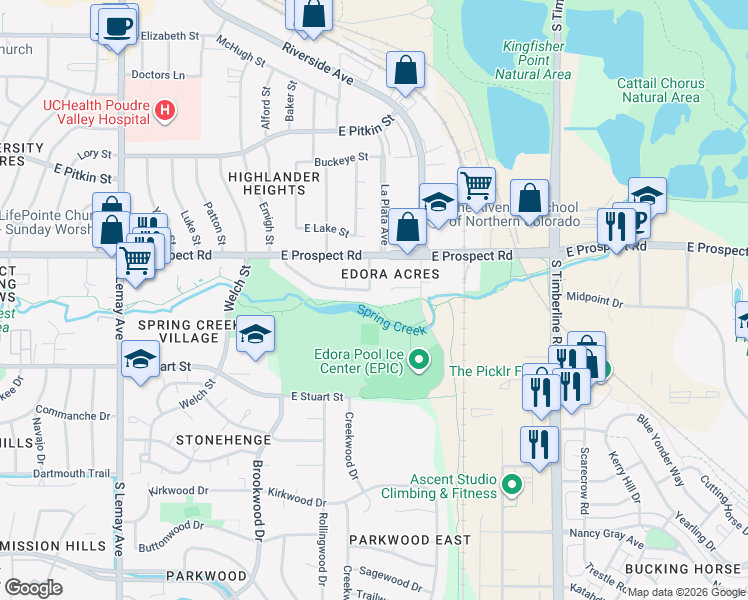 map of restaurants, bars, coffee shops, grocery stores, and more near 1700 Erin Court in Fort Collins