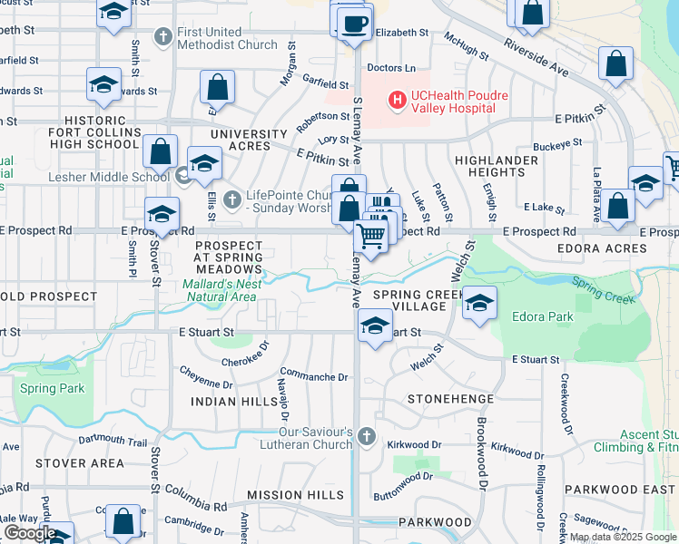 map of restaurants, bars, coffee shops, grocery stores, and more near 1639 South Lemay Avenue in Fort Collins