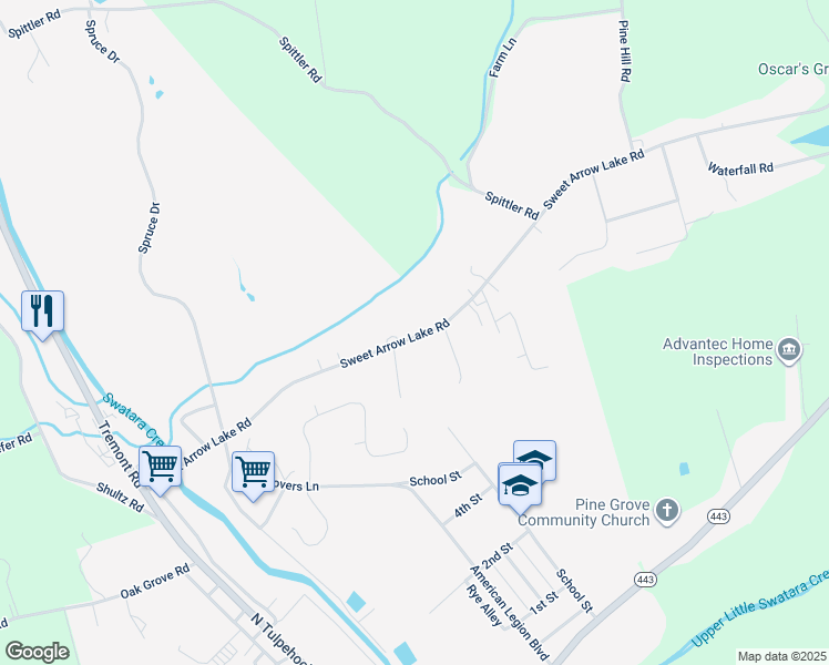map of restaurants, bars, coffee shops, grocery stores, and more near 129 Sweet Arrow Lake Road in Pine Grove