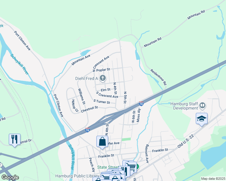 map of restaurants, bars, coffee shops, grocery stores, and more near 306 Elm Street in Hamburg