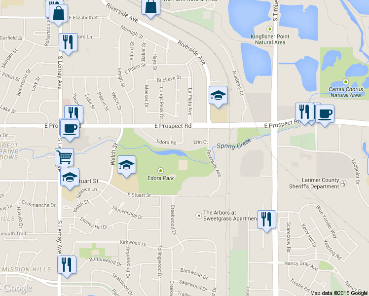 map of restaurants, bars, coffee shops, grocery stores, and more near 1700 Erin Court in Fort Collins