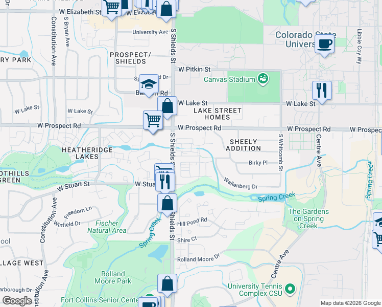 map of restaurants, bars, coffee shops, grocery stores, and more near 1050 Hobbit Street in Fort Collins