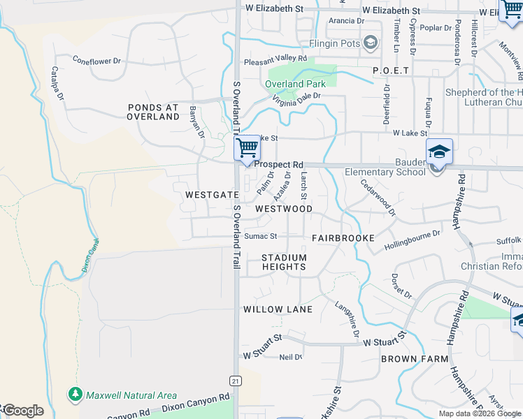 map of restaurants, bars, coffee shops, grocery stores, and more near 1701 Azalea Drive in Fort Collins