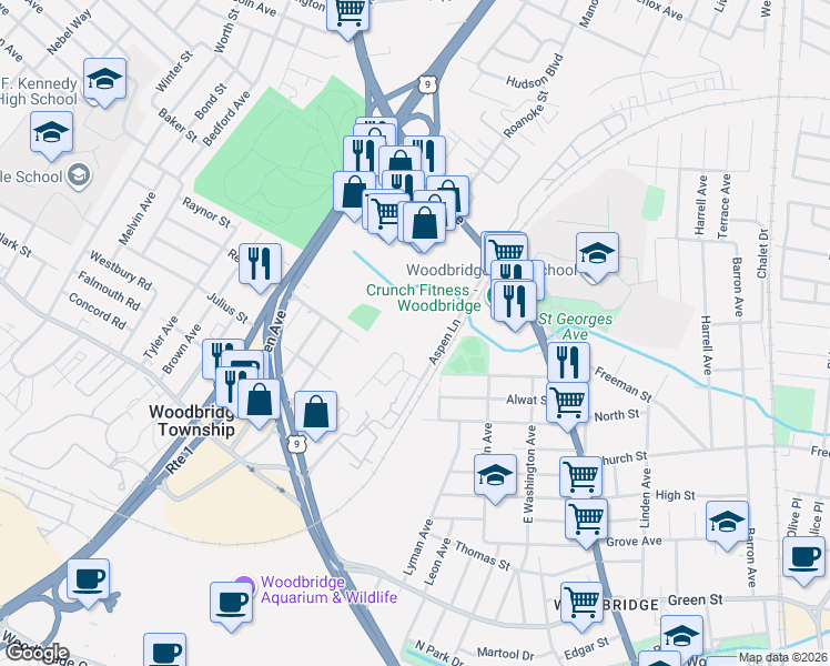 map of restaurants, bars, coffee shops, grocery stores, and more near 61 Aspen Lane in Woodbridge Township