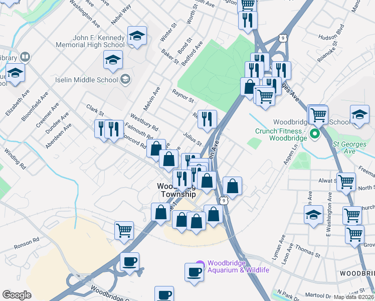 map of restaurants, bars, coffee shops, grocery stores, and more near 914 Montague Avenue in Woodbridge Township