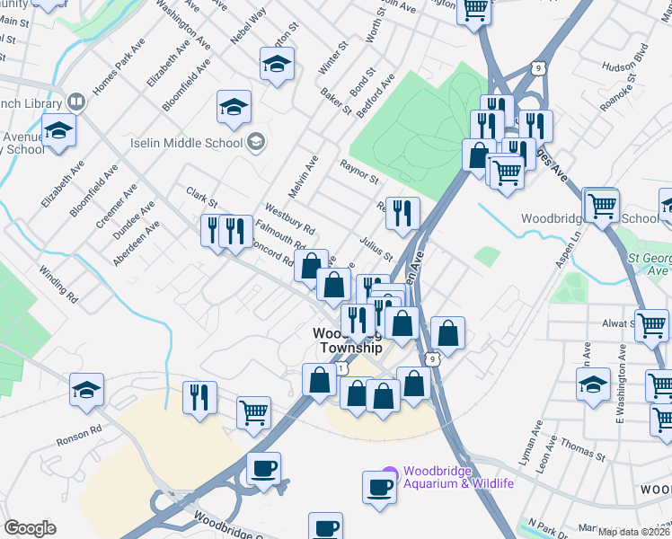 map of restaurants, bars, coffee shops, grocery stores, and more near 108 Tyler Avenue in Woodbridge Township