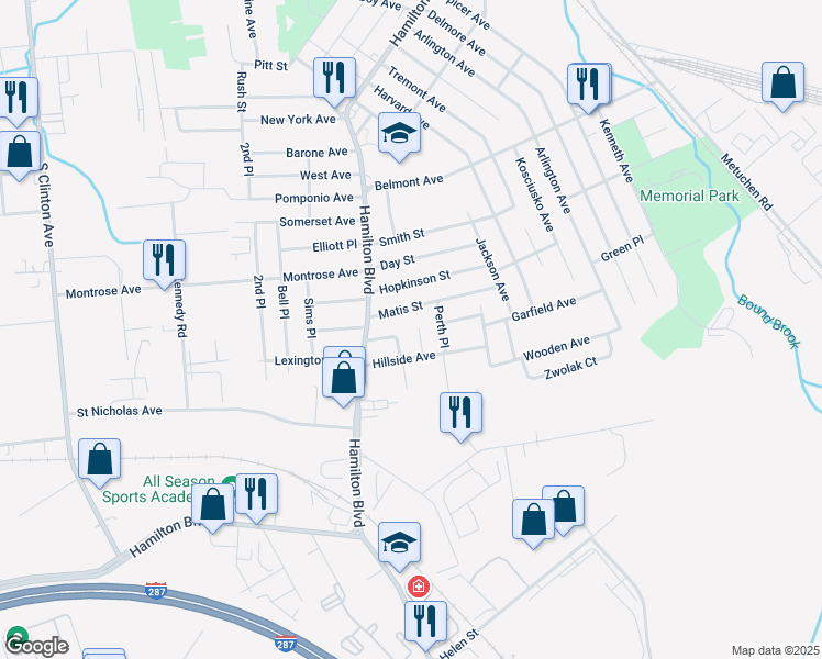 map of restaurants, bars, coffee shops, grocery stores, and more near 108 Matis Street in South Plainfield
