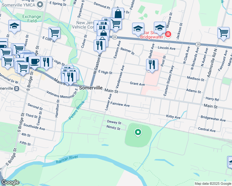 map of restaurants, bars, coffee shops, grocery stores, and more near 283 East Main Street in Somerville