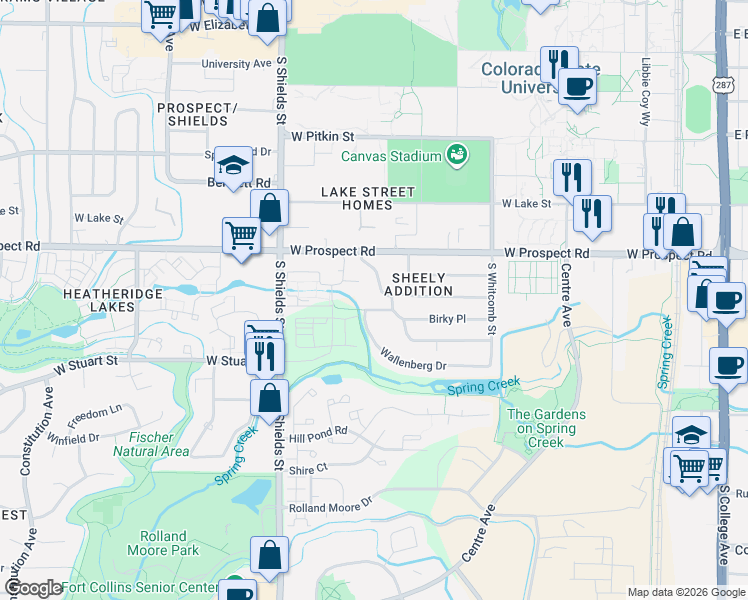 map of restaurants, bars, coffee shops, grocery stores, and more near 1612 Sheely Drive in Fort Collins