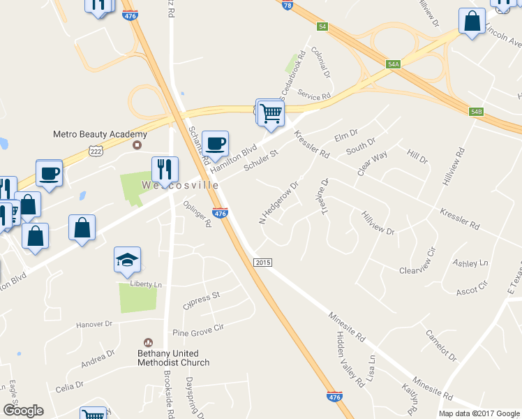 map of restaurants, bars, coffee shops, grocery stores, and more near 4585 North Hedgerow Drive in Allentown