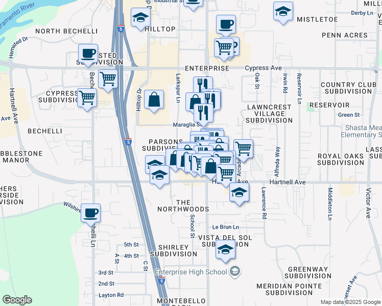 map of restaurants, bars, coffee shops, grocery stores, and more near 2910 Blue View Street in Redding