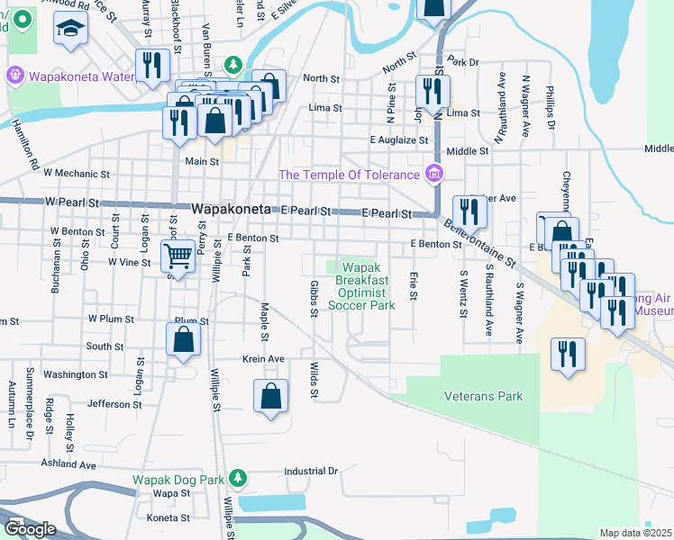 map of restaurants, bars, coffee shops, grocery stores, and more near 700 South Water Street in Wapakoneta